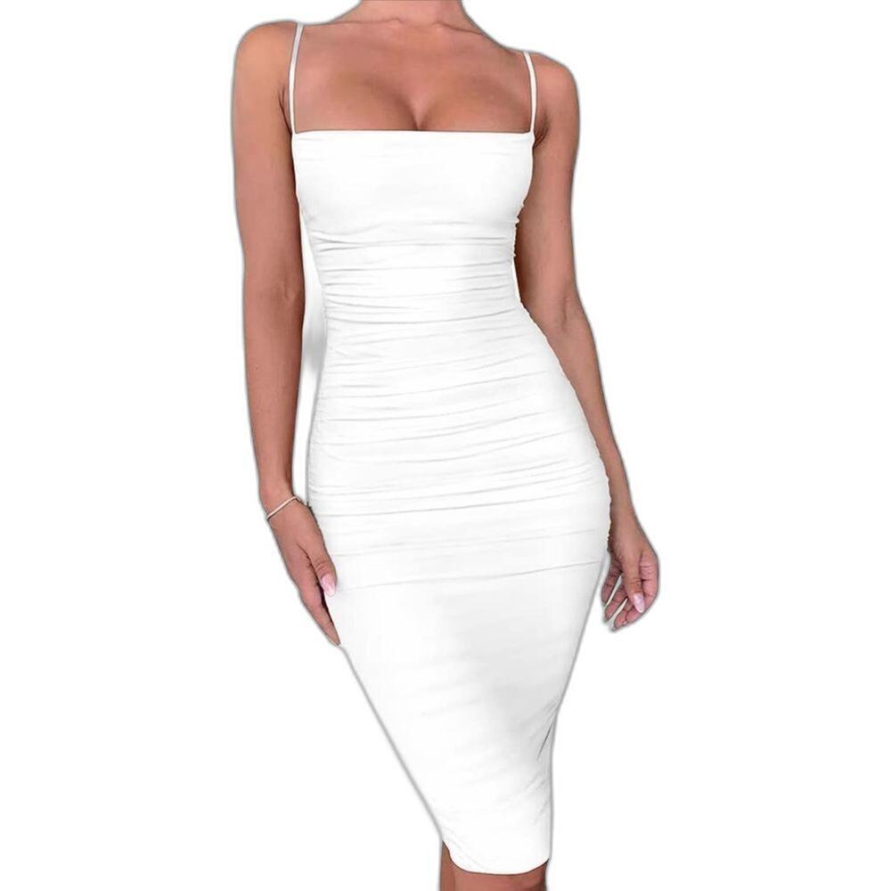 Beagimeg Bodycon Spaghetti Strap Ruched Cocktail Midi Dress Size S White (53)